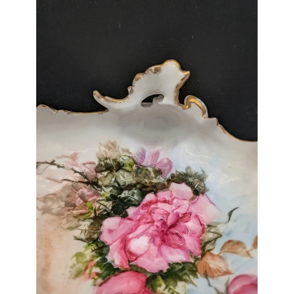 Vintage Hand Painted Floral Porcelain Centerpiece Bowl Gold Gilt Cherub Footed